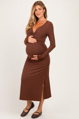 Brown Knotted V-Neck Side Slit Long Sleeve Maternity Dress