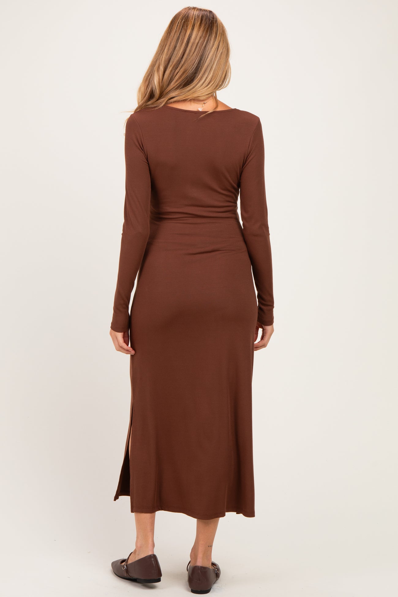 Brown Knotted V-Neck Side Slit Long Sleeve Maternity Dress