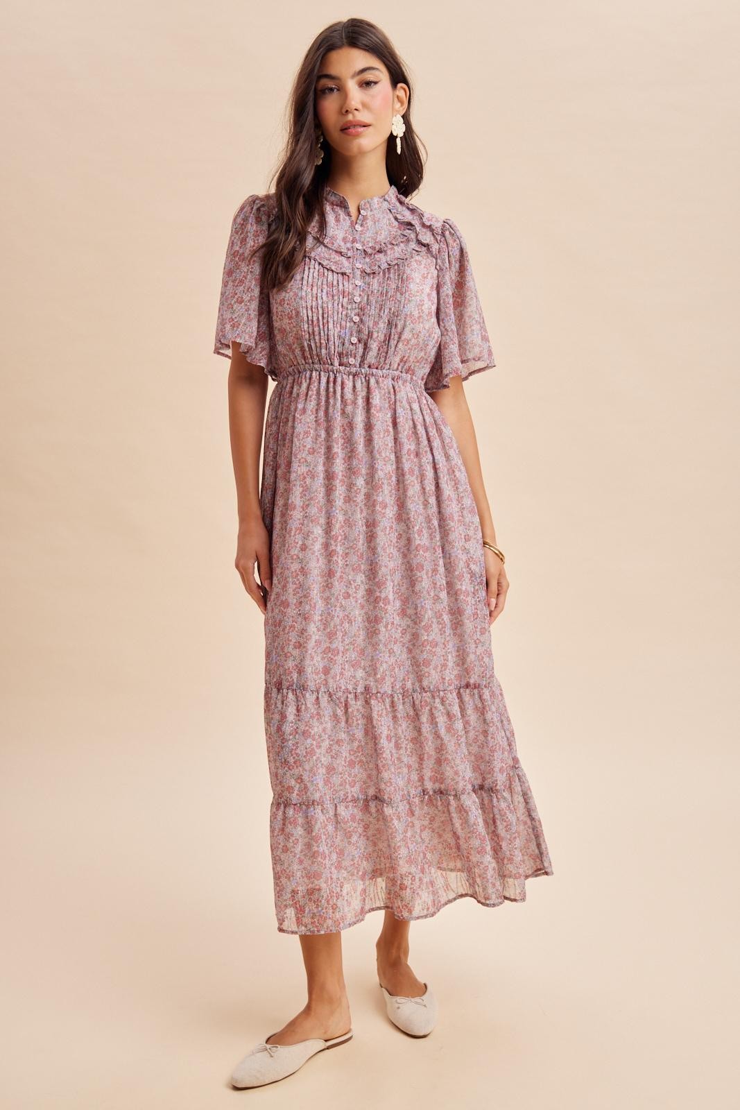 Dusty Rose Ruffle Floral Print Maternity Maxi Dress