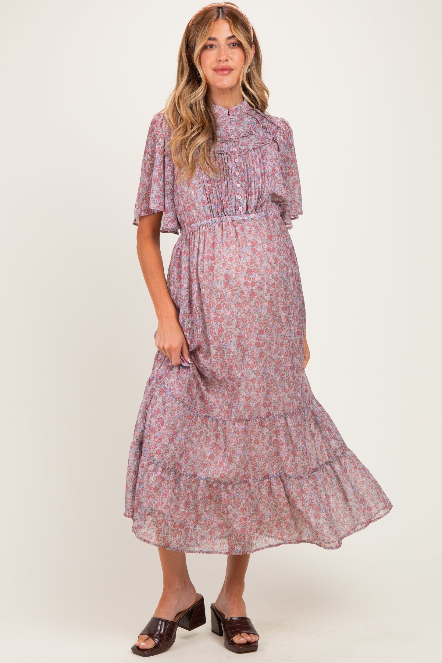 Dusty Rose Ruffle Floral Print Maternity Maxi Dress