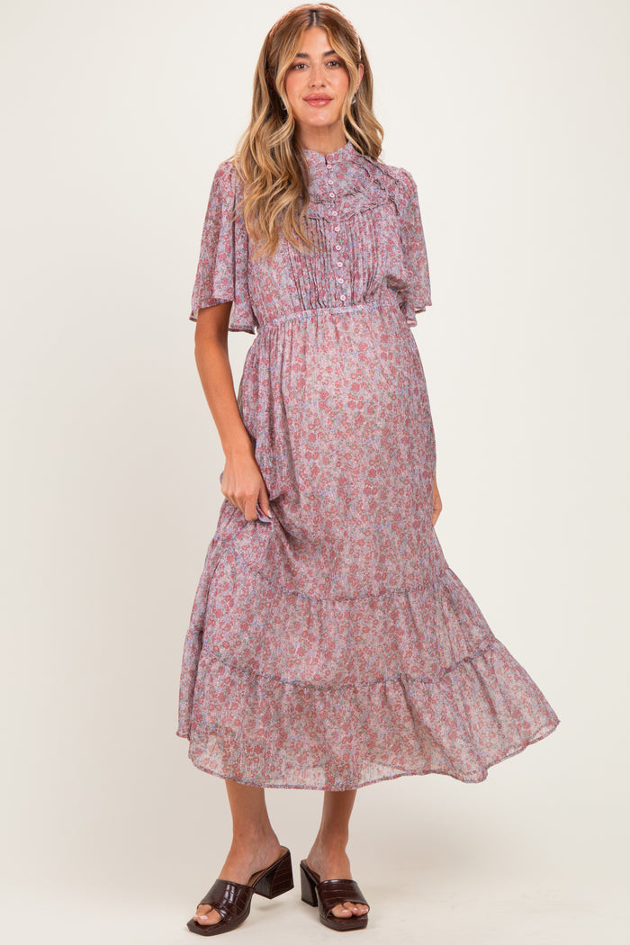 Dusty Rose Ruffle Floral Print Maternity Maxi Dress