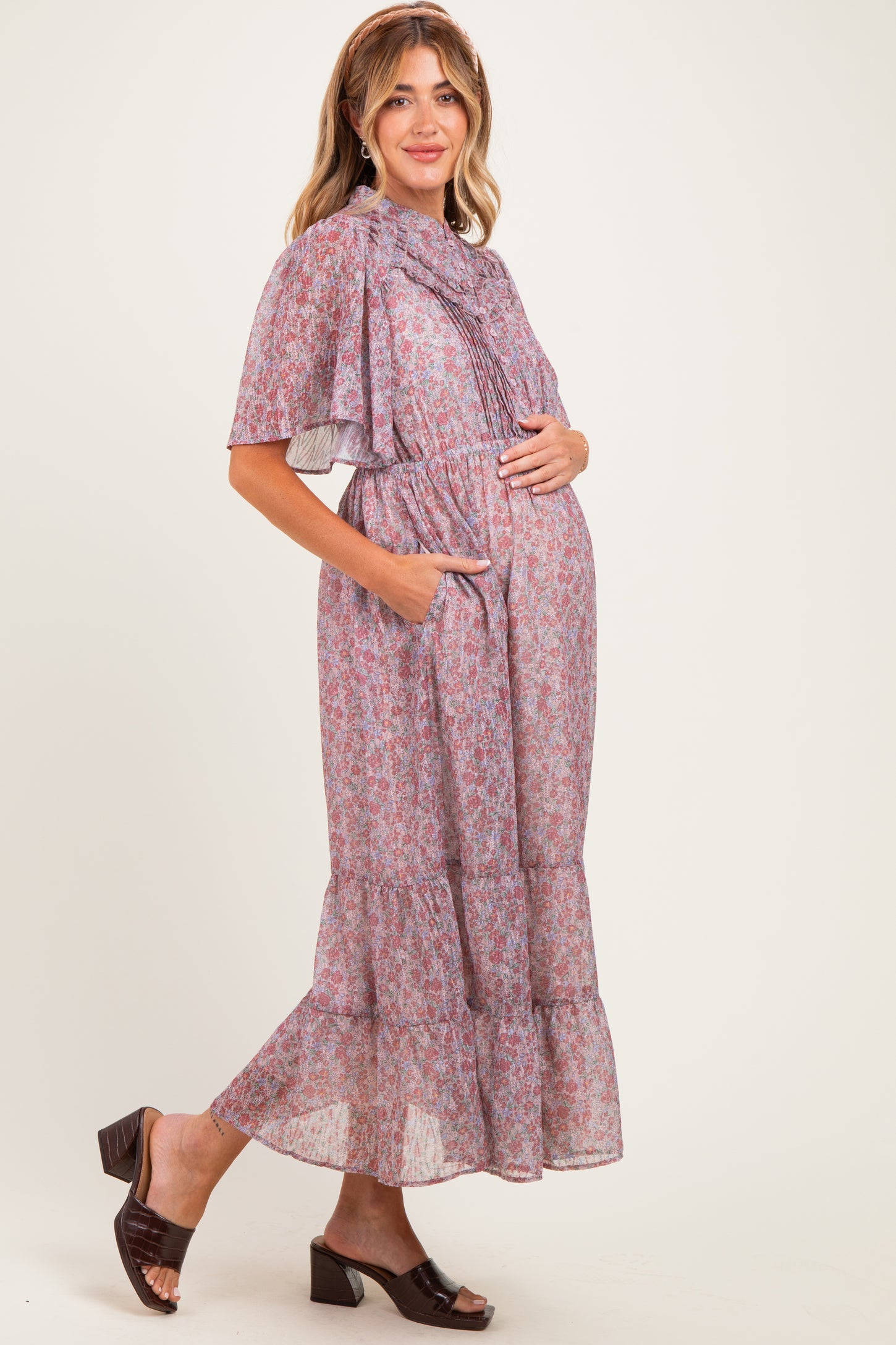 Dusty Rose Ruffle Floral Print Maternity Maxi Dress