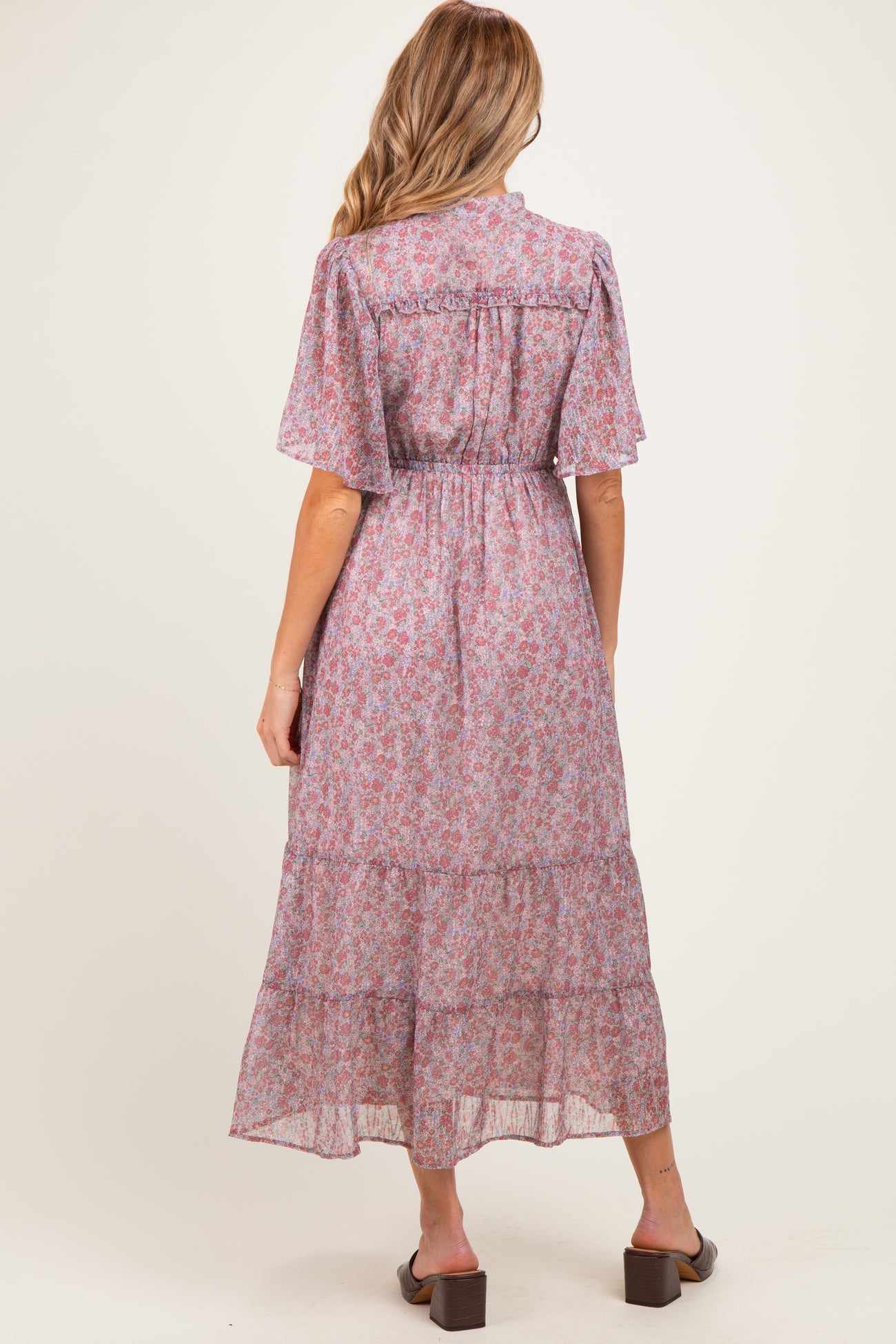 Dusty Rose Ruffle Floral Print Maternity Maxi Dress