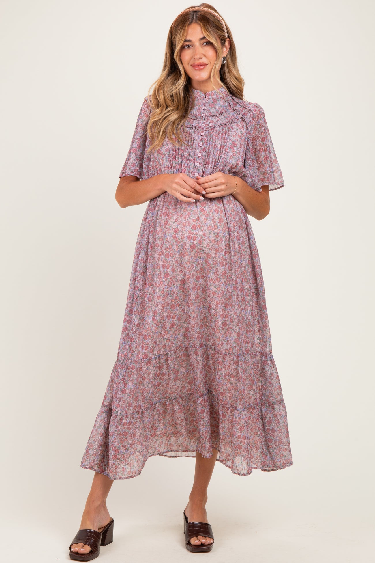 Dusty Rose Ruffle Floral Print Maternity Maxi Dress