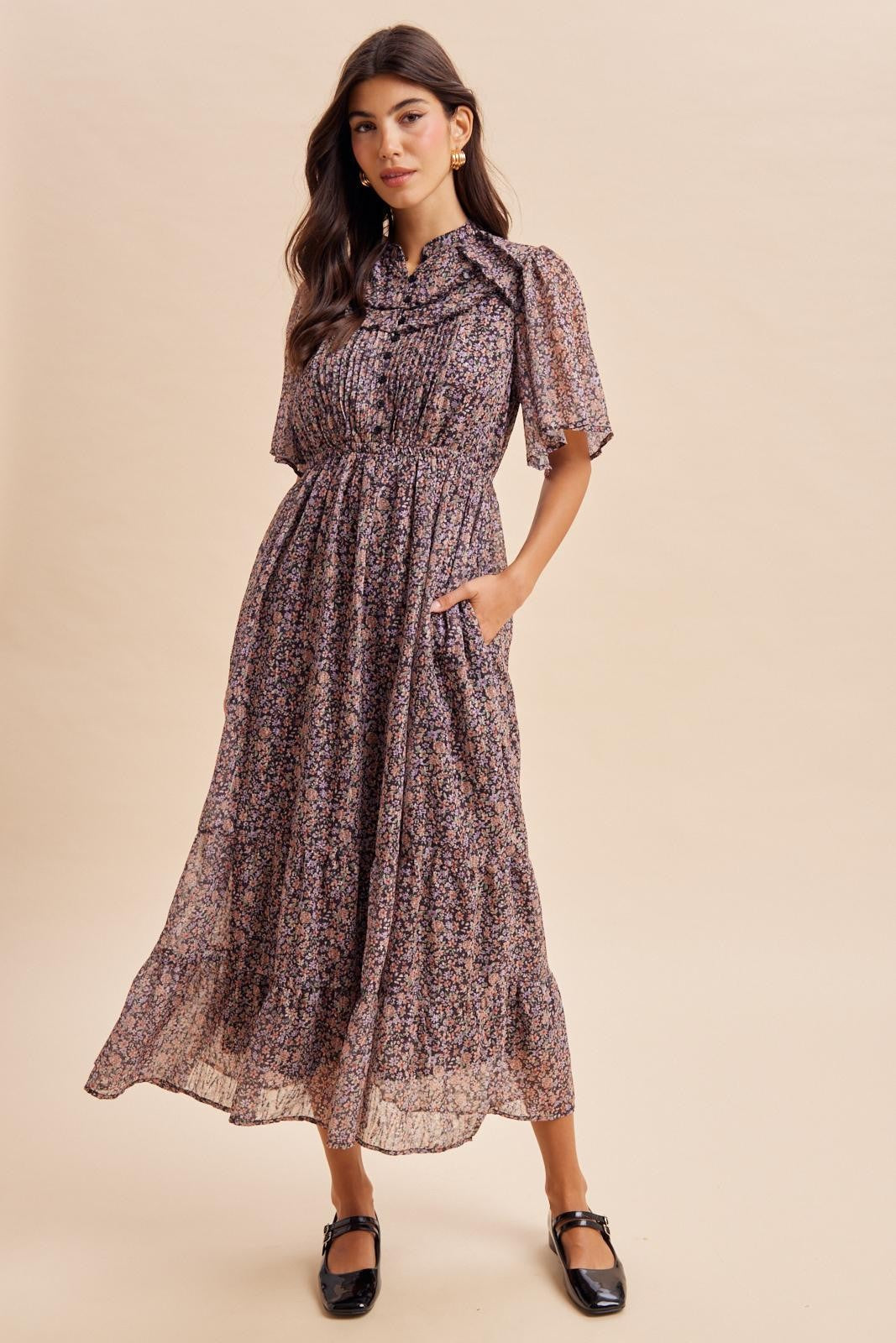 Midnight Ruffle Floral Print Maternity Maxi Dress