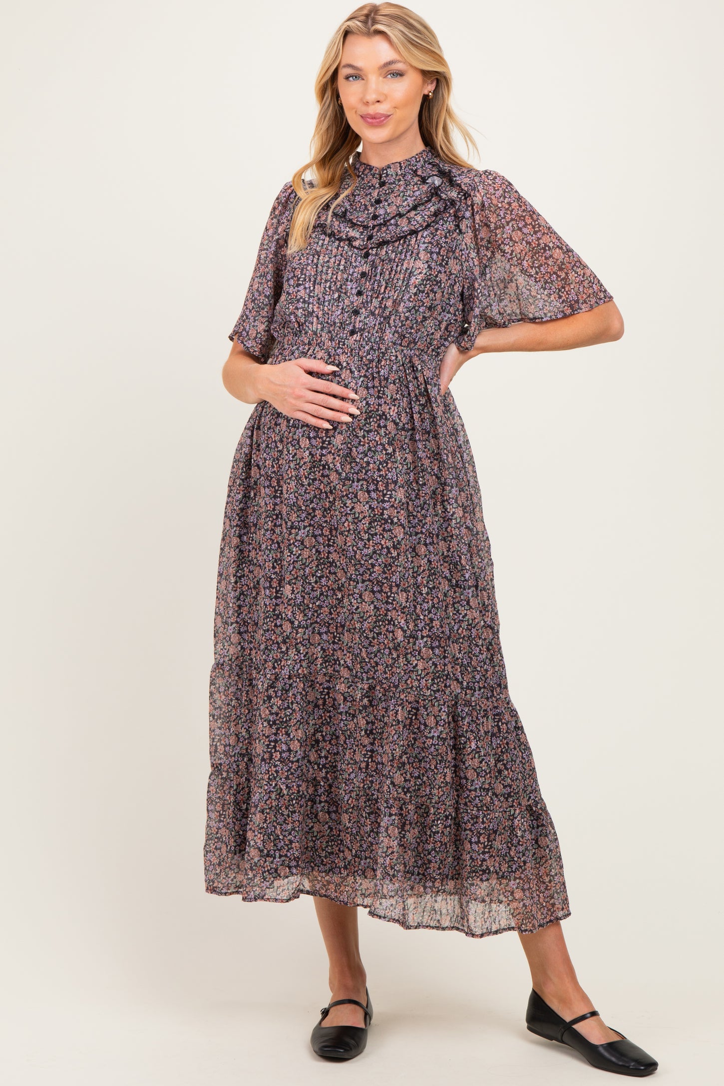 Midnight Ruffle Floral Print Maternity Maxi Dress