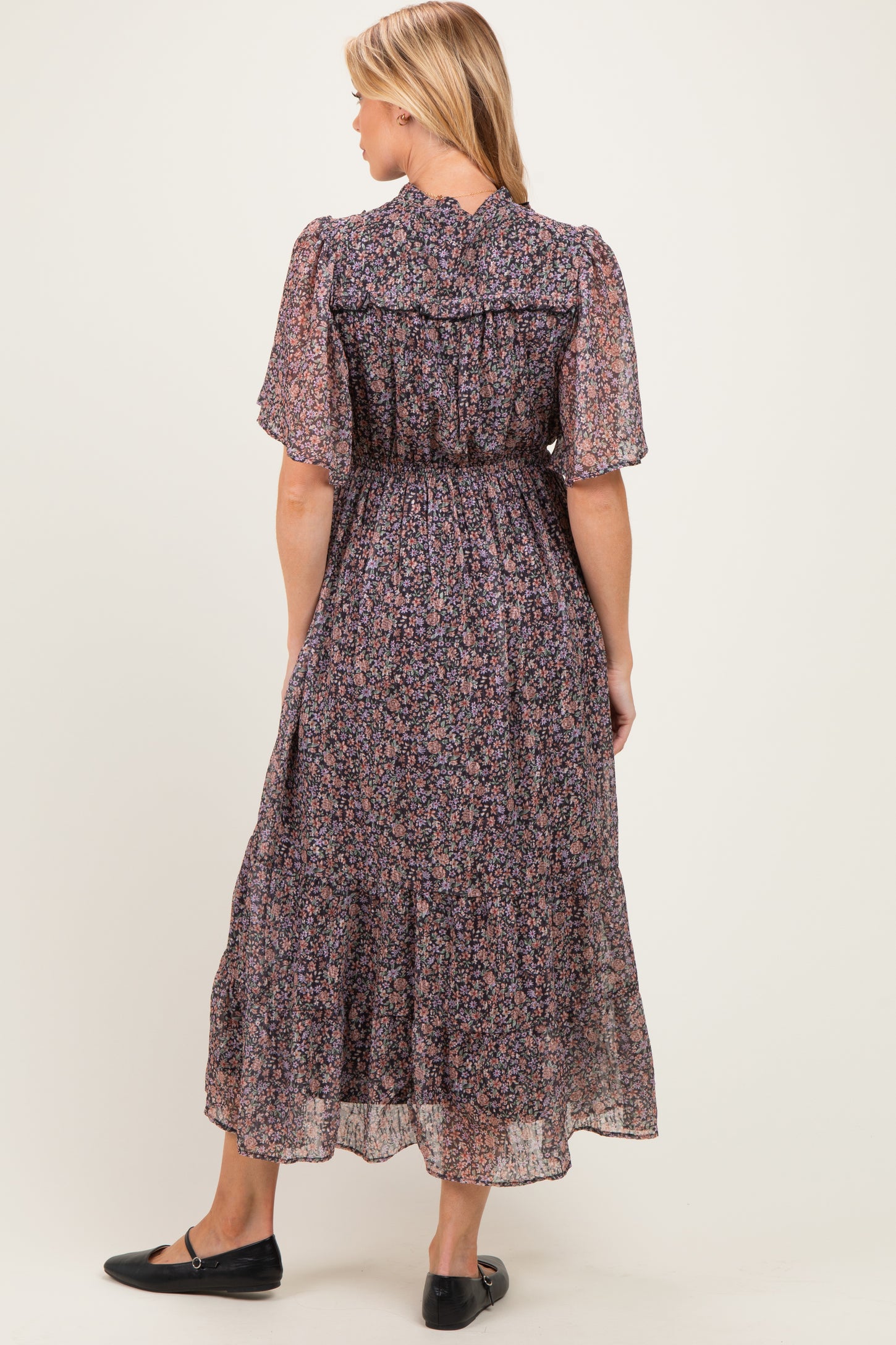 Midnight Ruffle Floral Print Maternity Maxi Dress