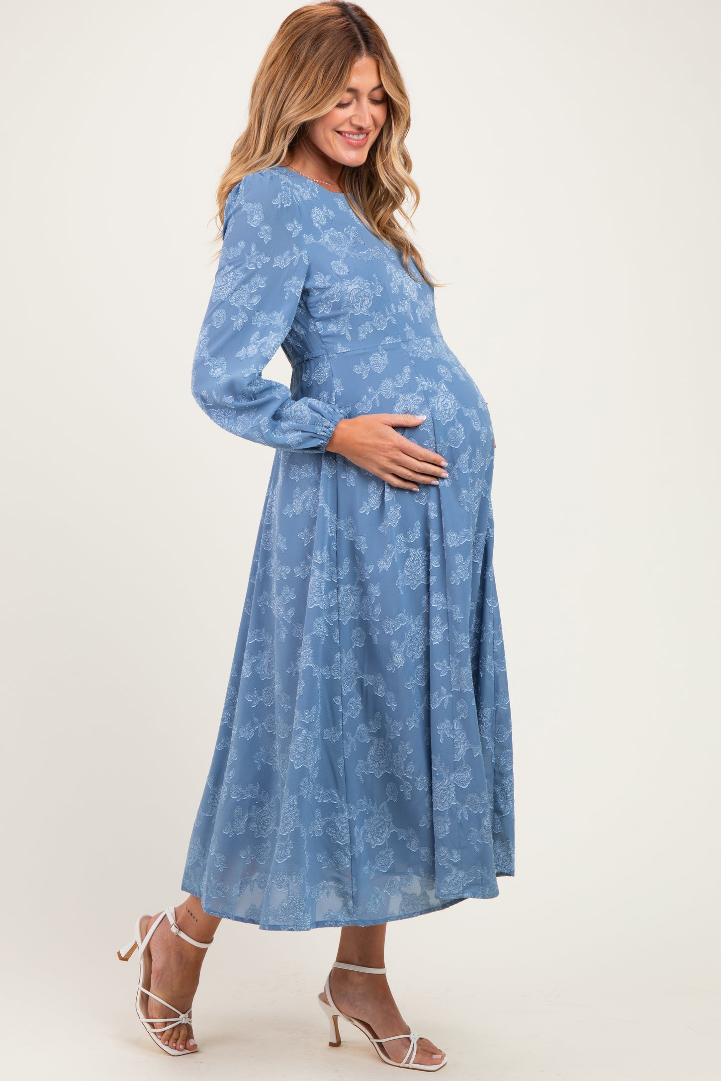 Blue Dusk Embossed Velvet Floral Maternity Maxi Dress