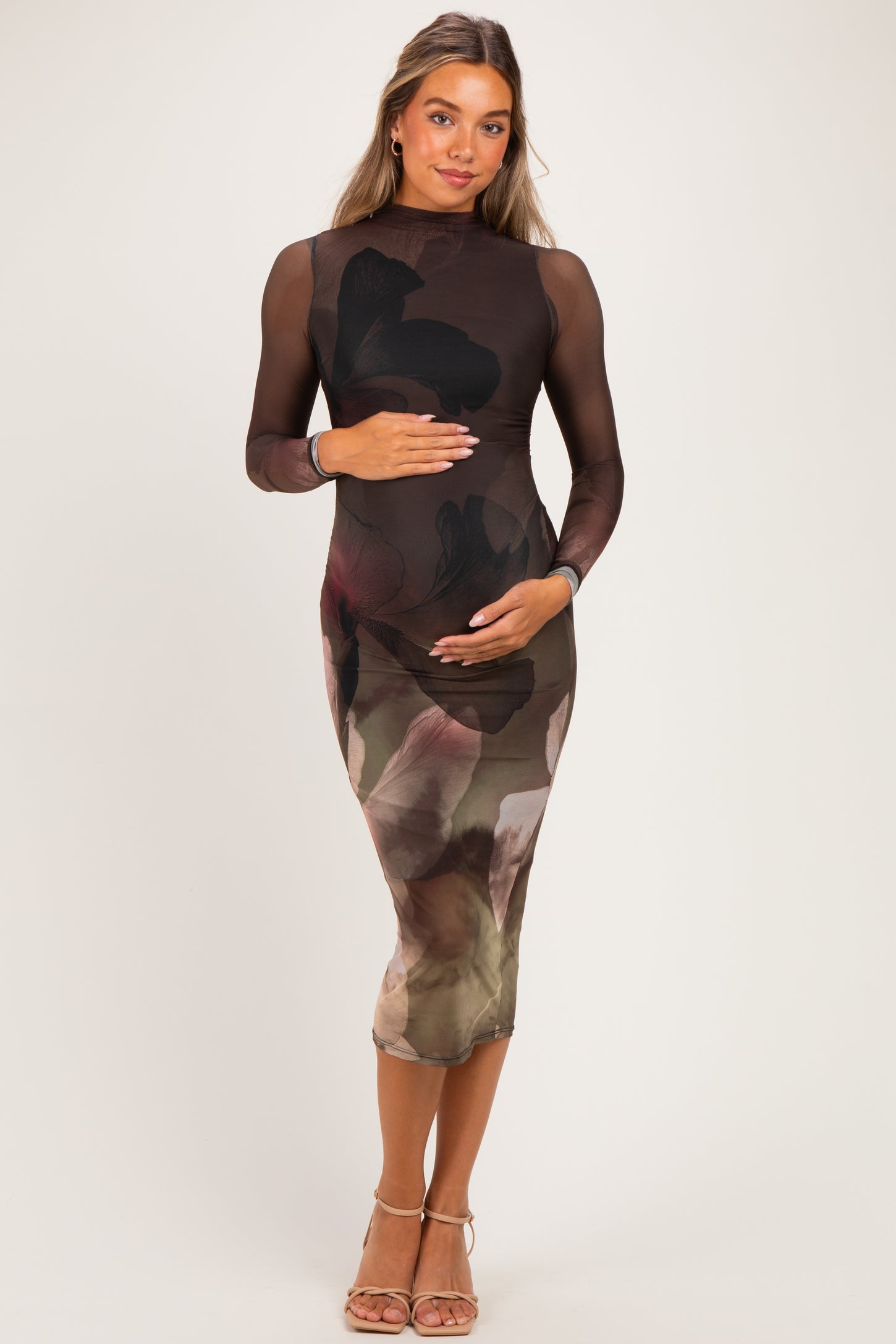 Olive Large Floral Print Mesh Long Sleeve Maternity Midi Dress