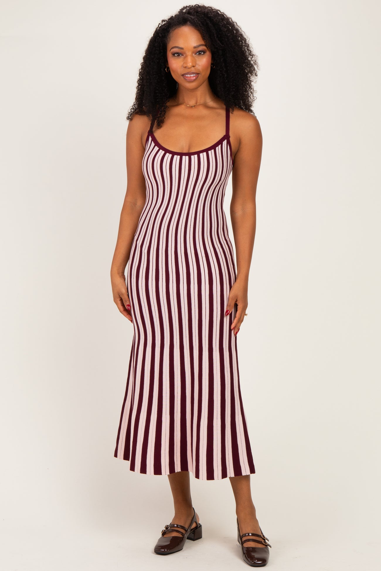 Plum Striped Knit Fitted Midi Dress