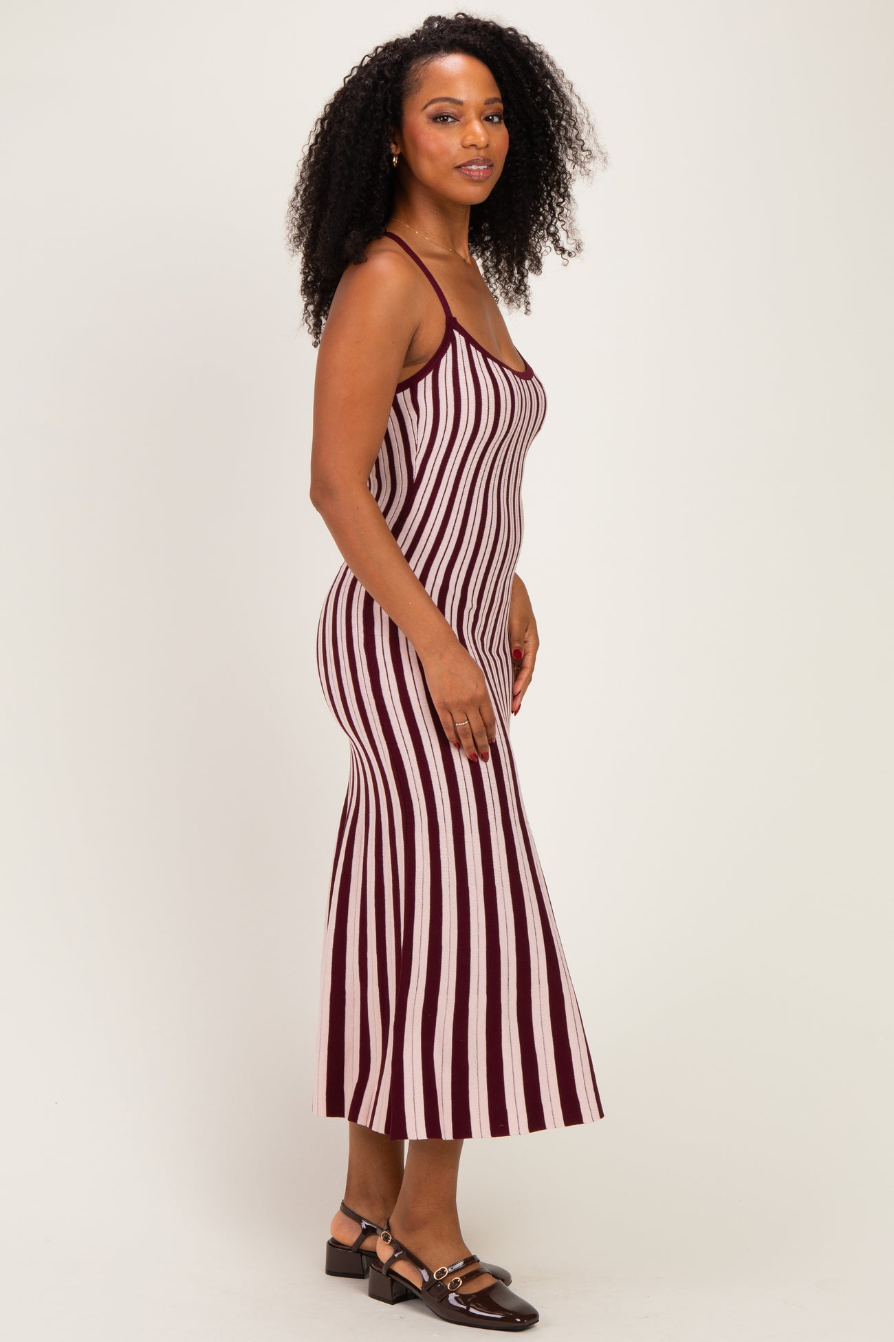Plum Striped Knit Fitted Midi Dress