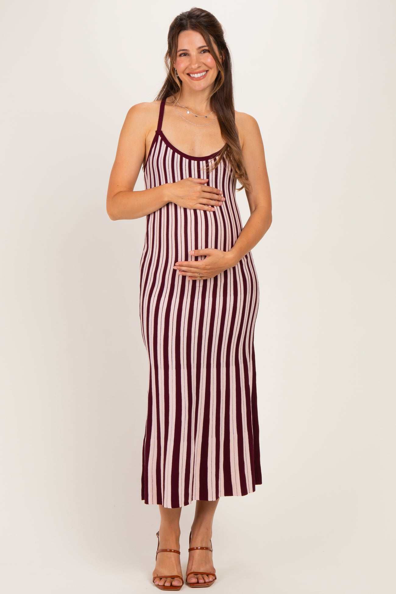Plum Striped Knit Fitted Maternity Midi Dress