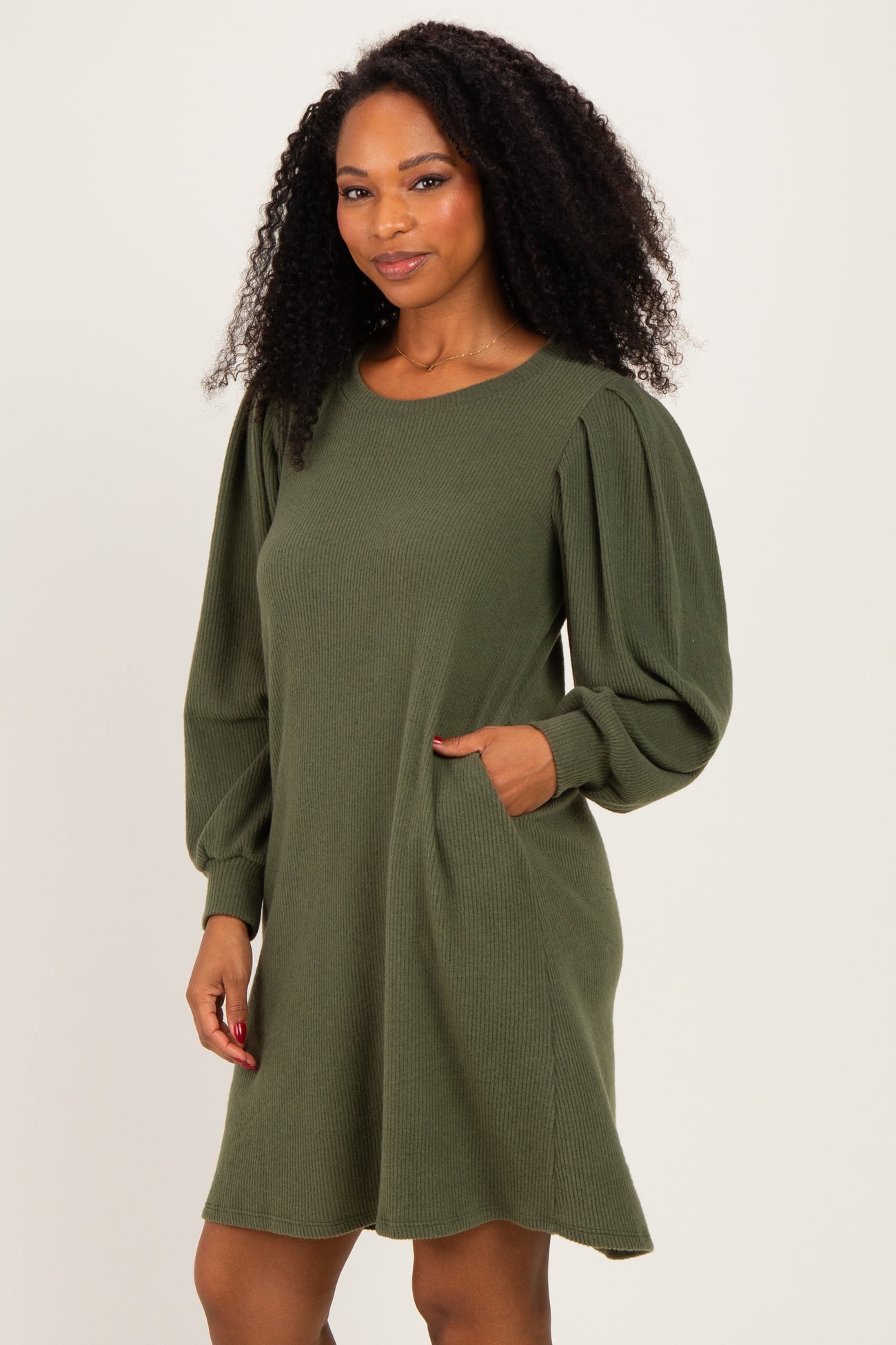Olive Long Puff Sleeve Knit Dress