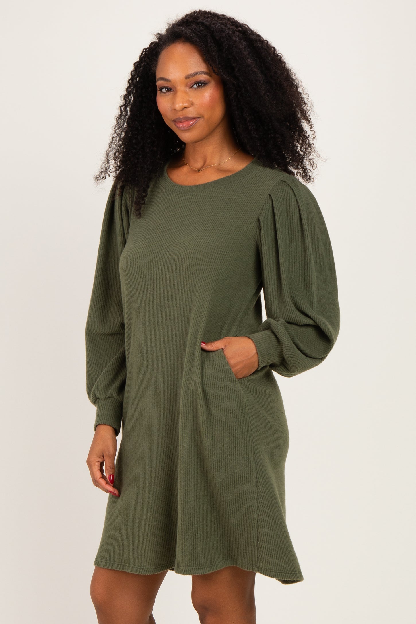 Olive Long Puff Sleeve Knit Dress