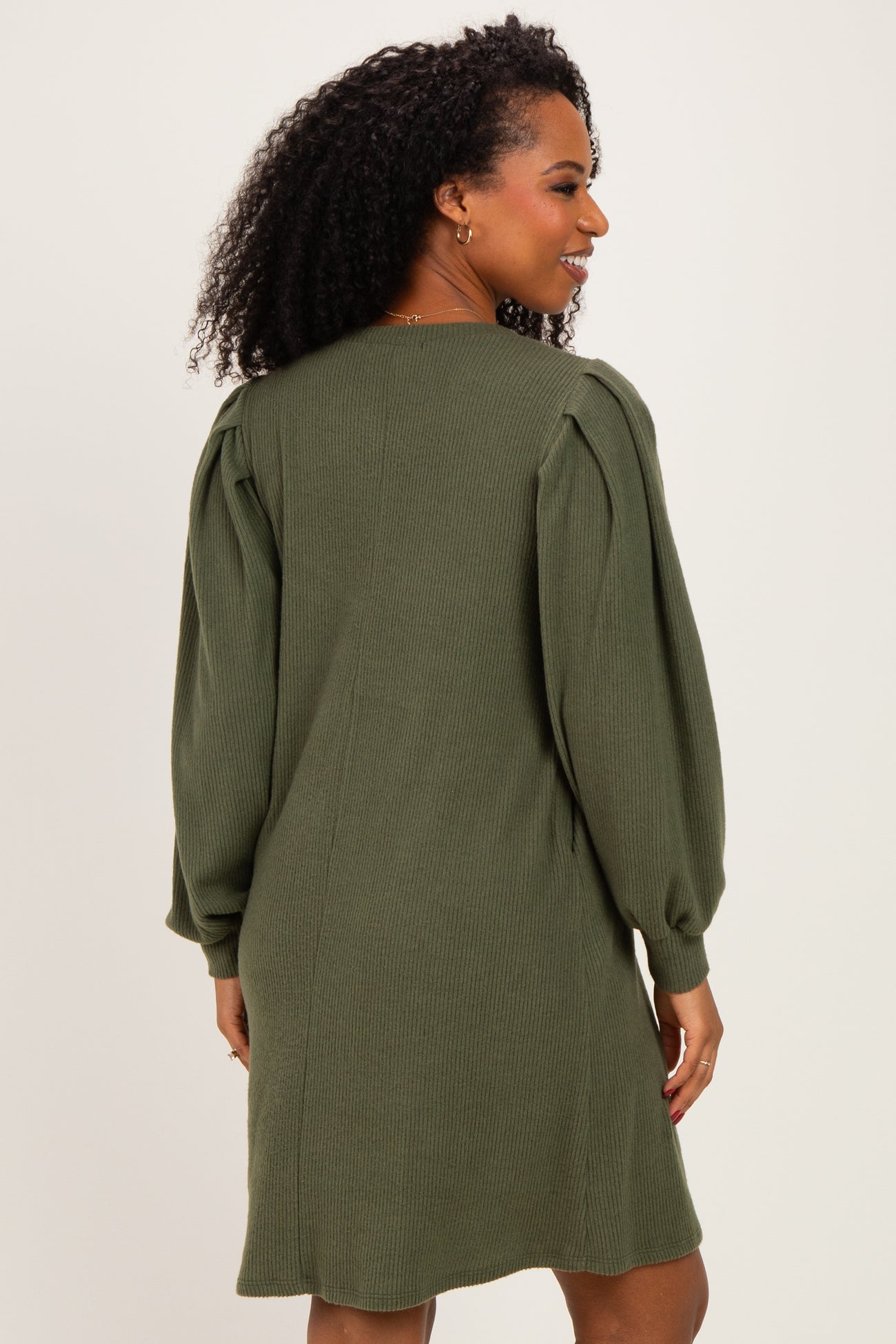 Olive Long Puff Sleeve Knit Dress