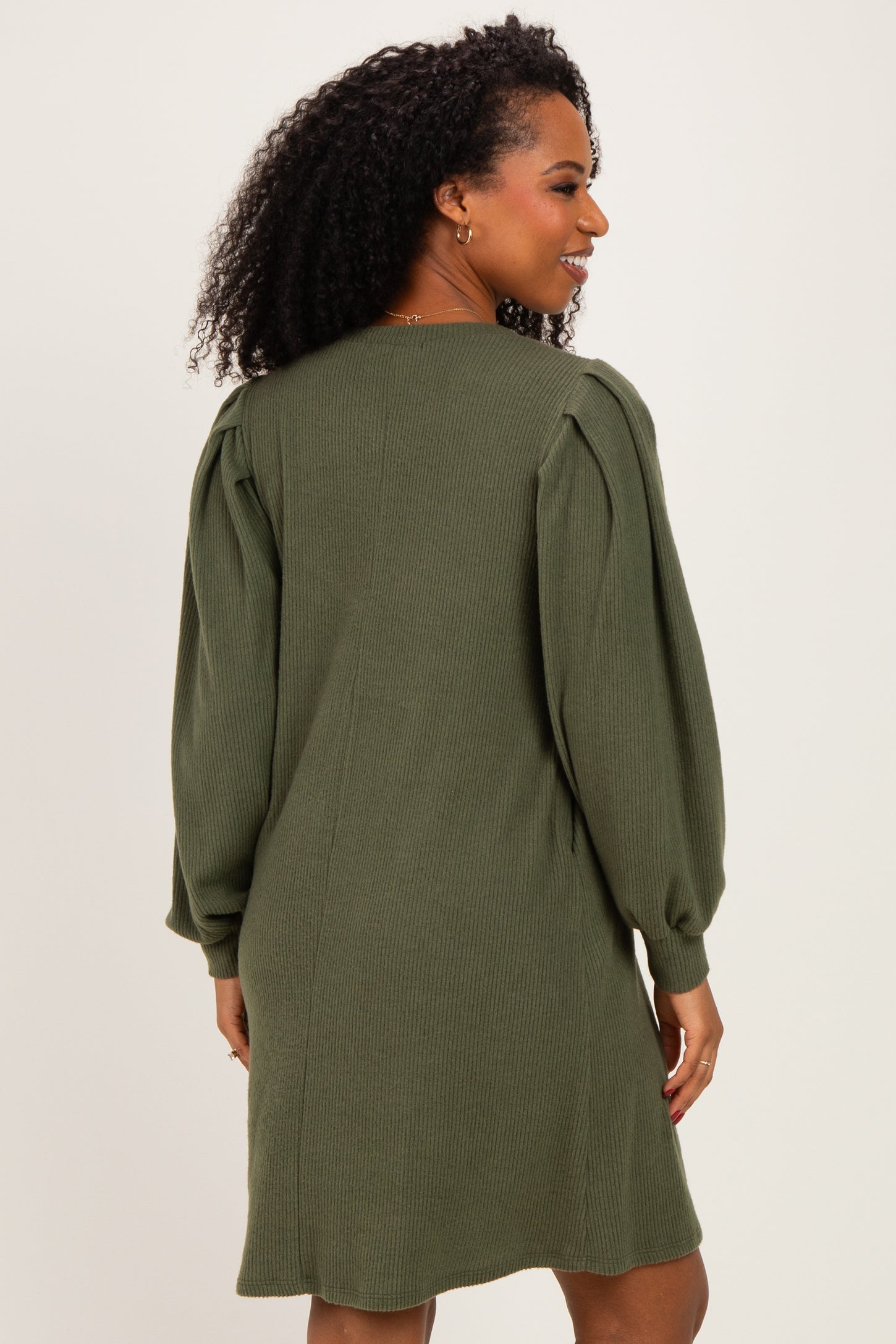 Olive Long Puff Sleeve Knit Dress