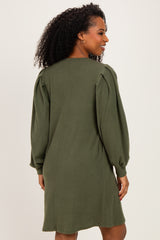 Olive Long Puff Sleeve Knit Dress
