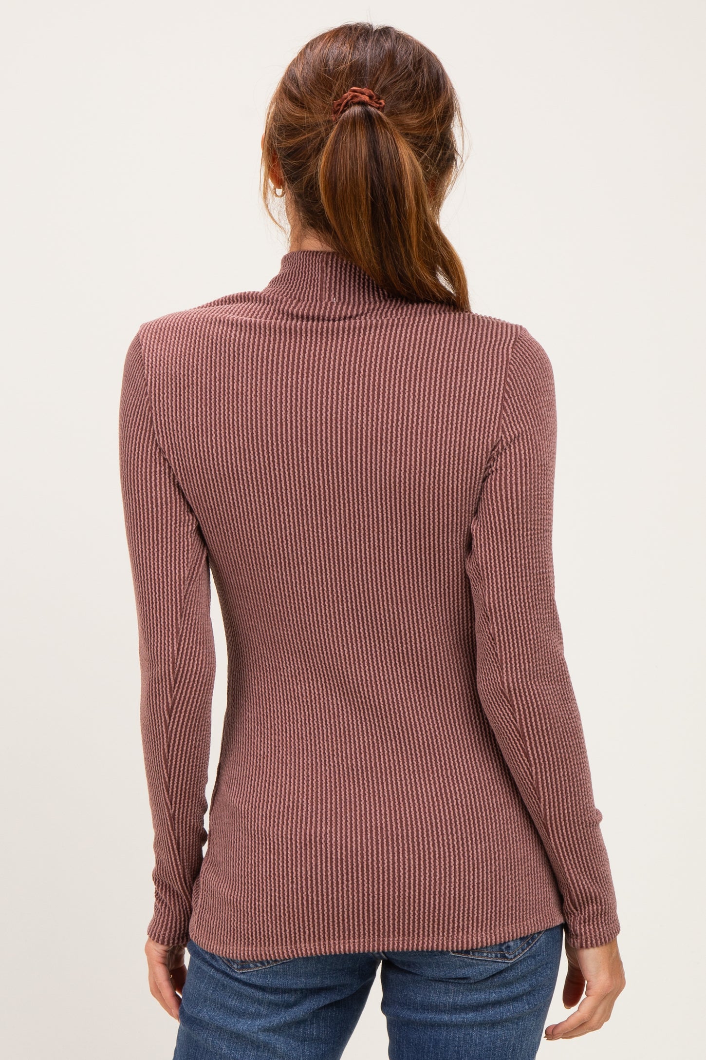 Brown Ribbed Fitted Mock Neck Long Sleeve Top