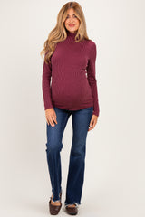 Burgundy Ribbed Fitted Mock Neck Long Sleeve Maternity Top