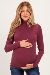 Burgundy Ribbed Fitted Mock Neck Long Sleeve Maternity Top