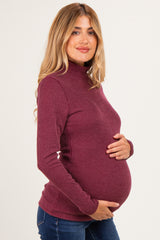 Burgundy Ribbed Fitted Mock Neck Long Sleeve Maternity Top