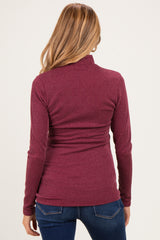 Burgundy Ribbed Fitted Mock Neck Long Sleeve Maternity Top