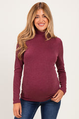 Burgundy Ribbed Fitted Mock Neck Long Sleeve Maternity Top