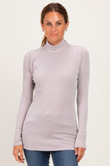 Beige Ribbed Fitted Mock Neck Long Sleeve Maternity Top