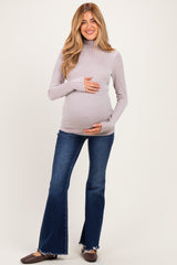 Beige Ribbed Fitted Mock Neck Long Sleeve Maternity Top