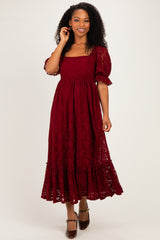 Burgundy Floral Lace Square Neck Maxi Dress