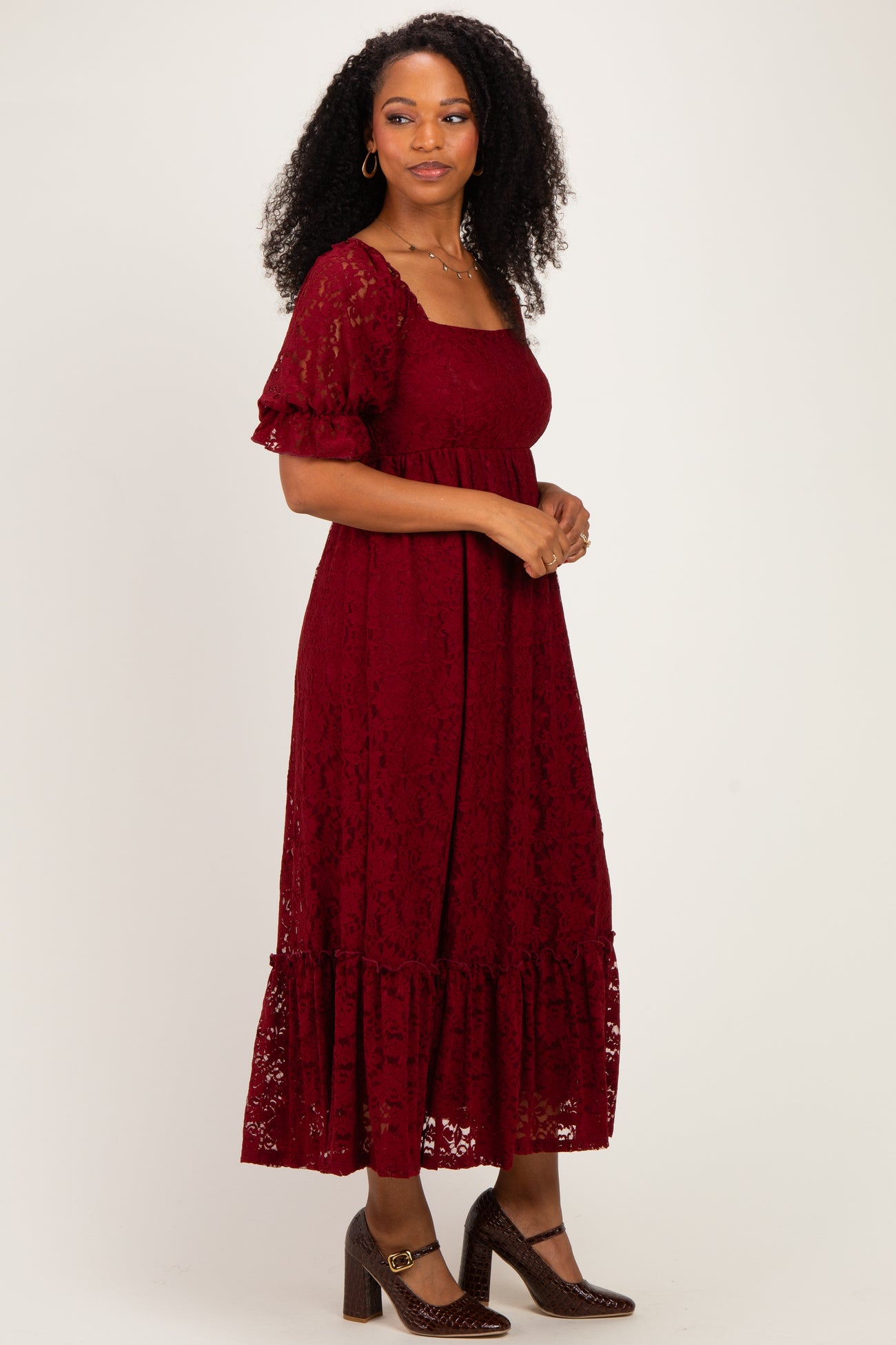 Burgundy Floral Lace Square Neck Maxi Dress