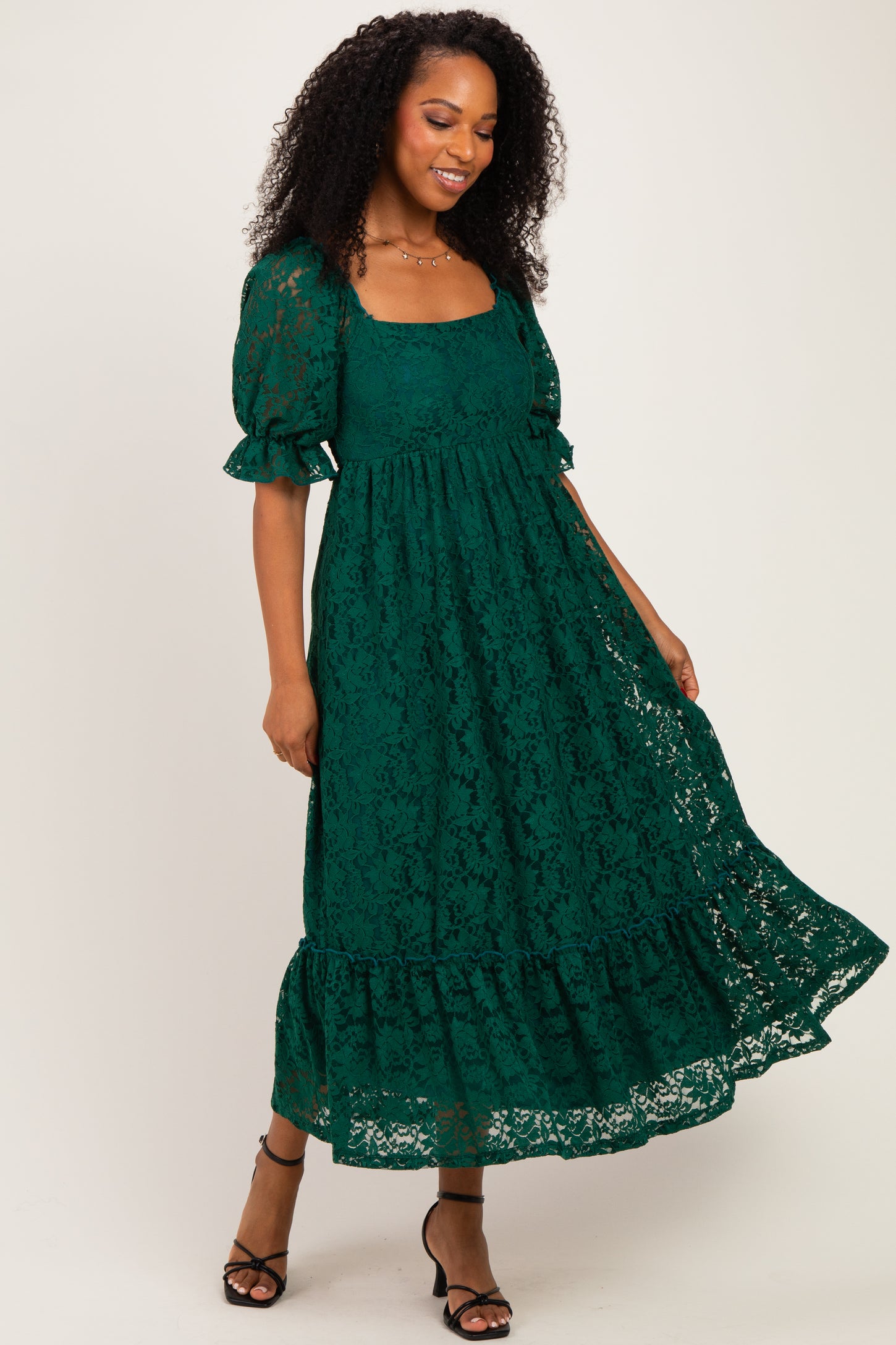 Hunter Green Floral Lace Square Neck Maternity Maxi Dress