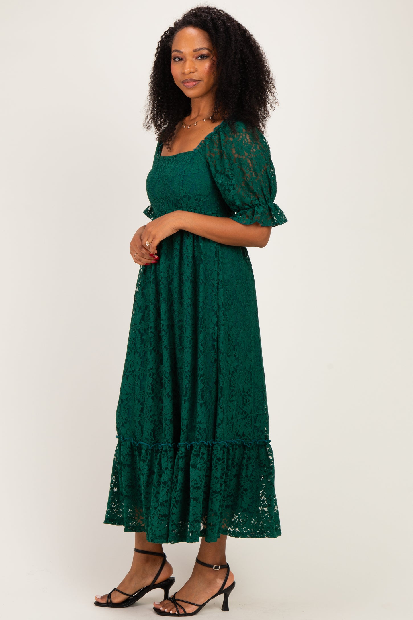 Hunter Green Lace Square Neck Maxi Dress