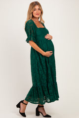 Hunter Green Floral Lace Square Neck Maternity Maxi Dress