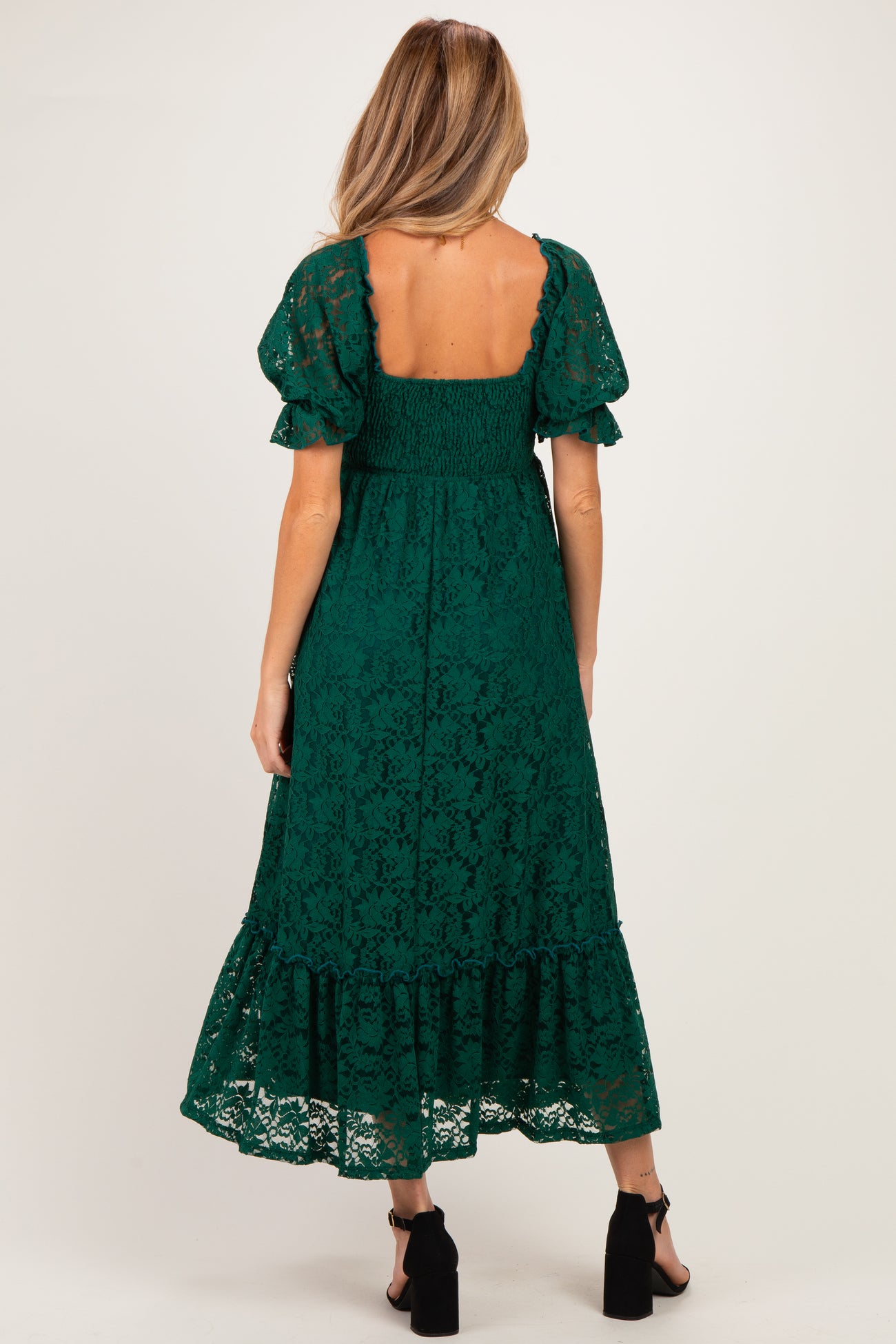 Hunter Green Floral Lace Square Neck Maternity Maxi Dress