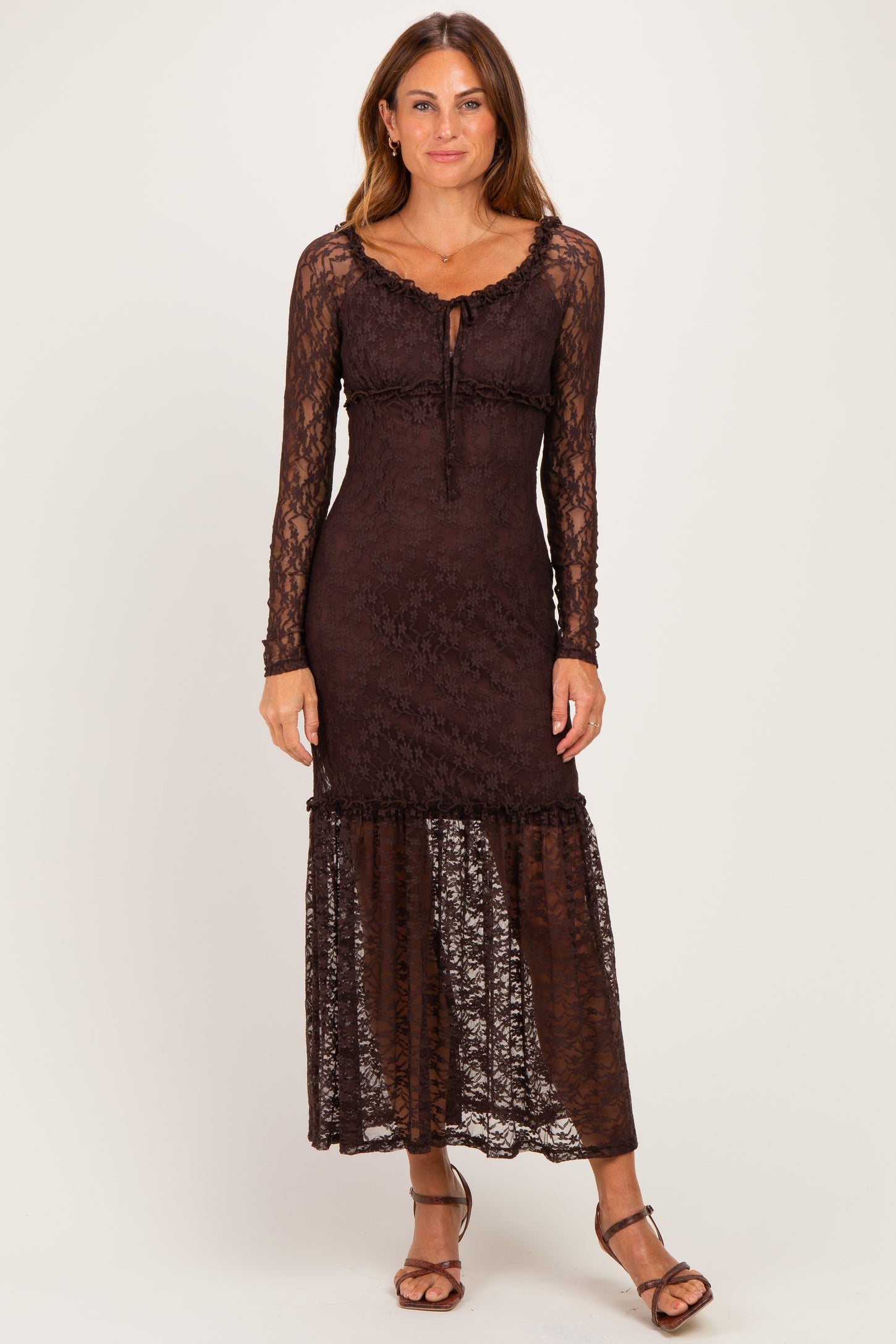 Brown Off Shoulder Long Sleeve Boho Maternity Maxi Dress