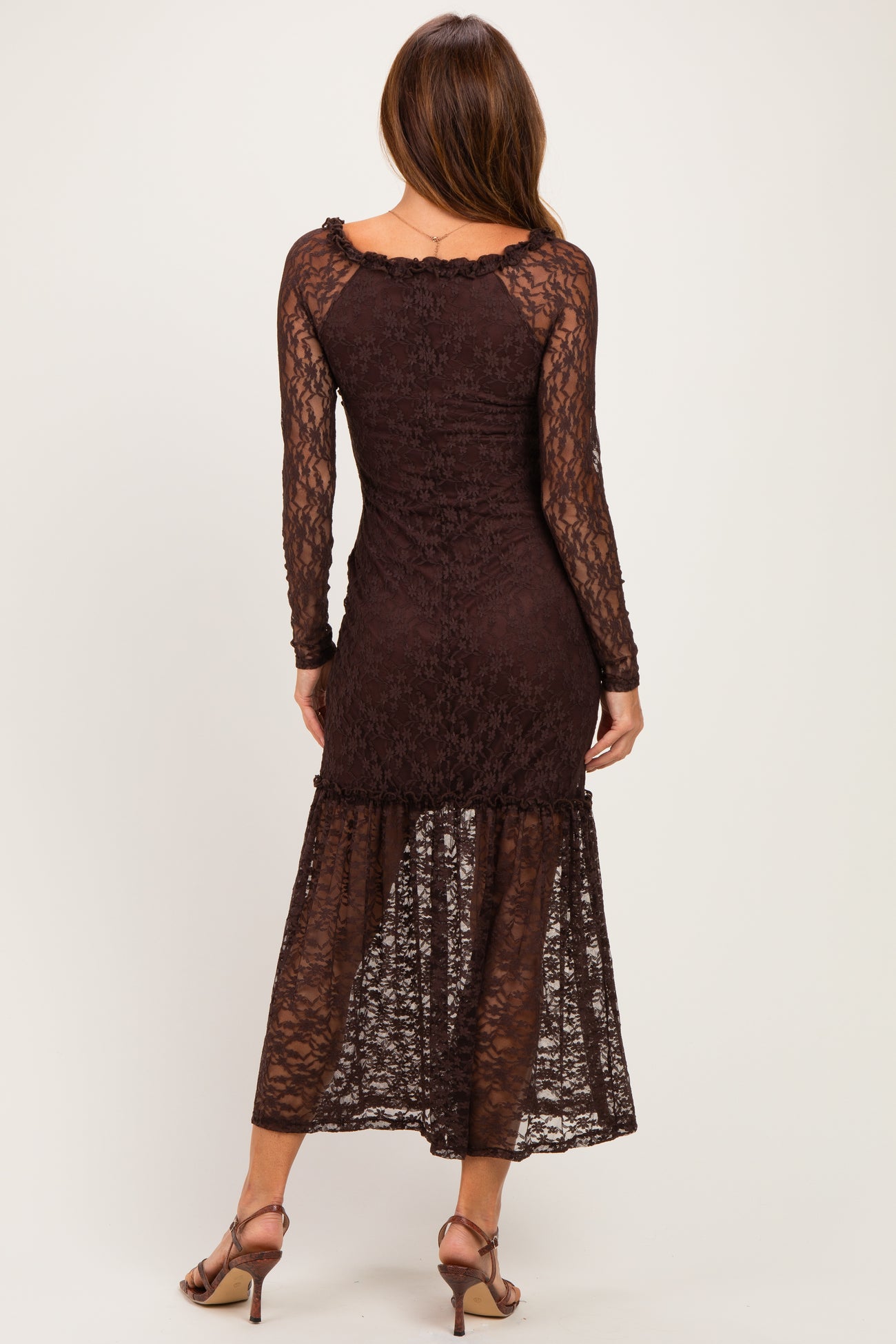 Brown Off Shoulder Long Sleeve Boho Maxi Dress