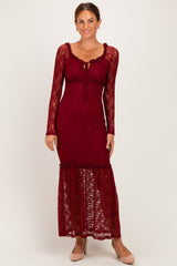 Burgundy Off Shoulder Long Sleeve Boho Maternity Maxi Dress