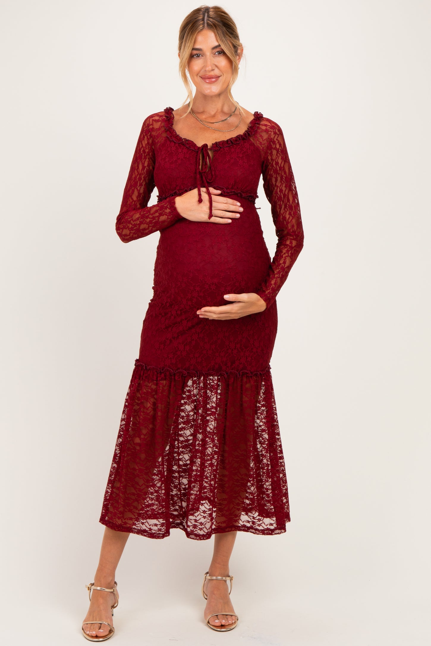 Burgundy Off Shoulder Long Sleeve Boho Maternity Maxi Dress