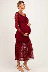 Burgundy Off Shoulder Long Sleeve Boho Maternity Maxi Dress