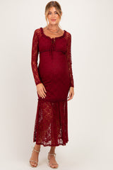 Burgundy Off Shoulder Long Sleeve Boho Maternity Maxi Dress