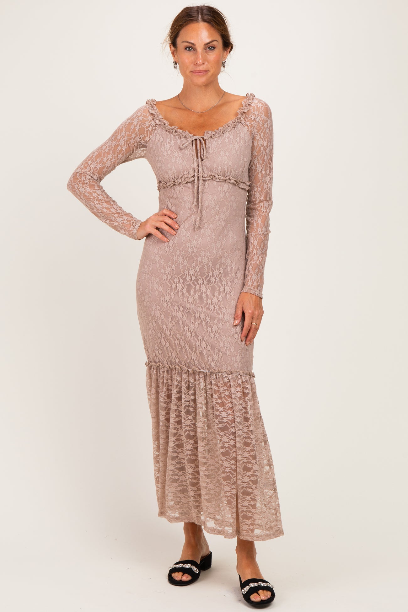 Mocha Off Shoulder Long Sleeve Boho Maternity Maxi Dress