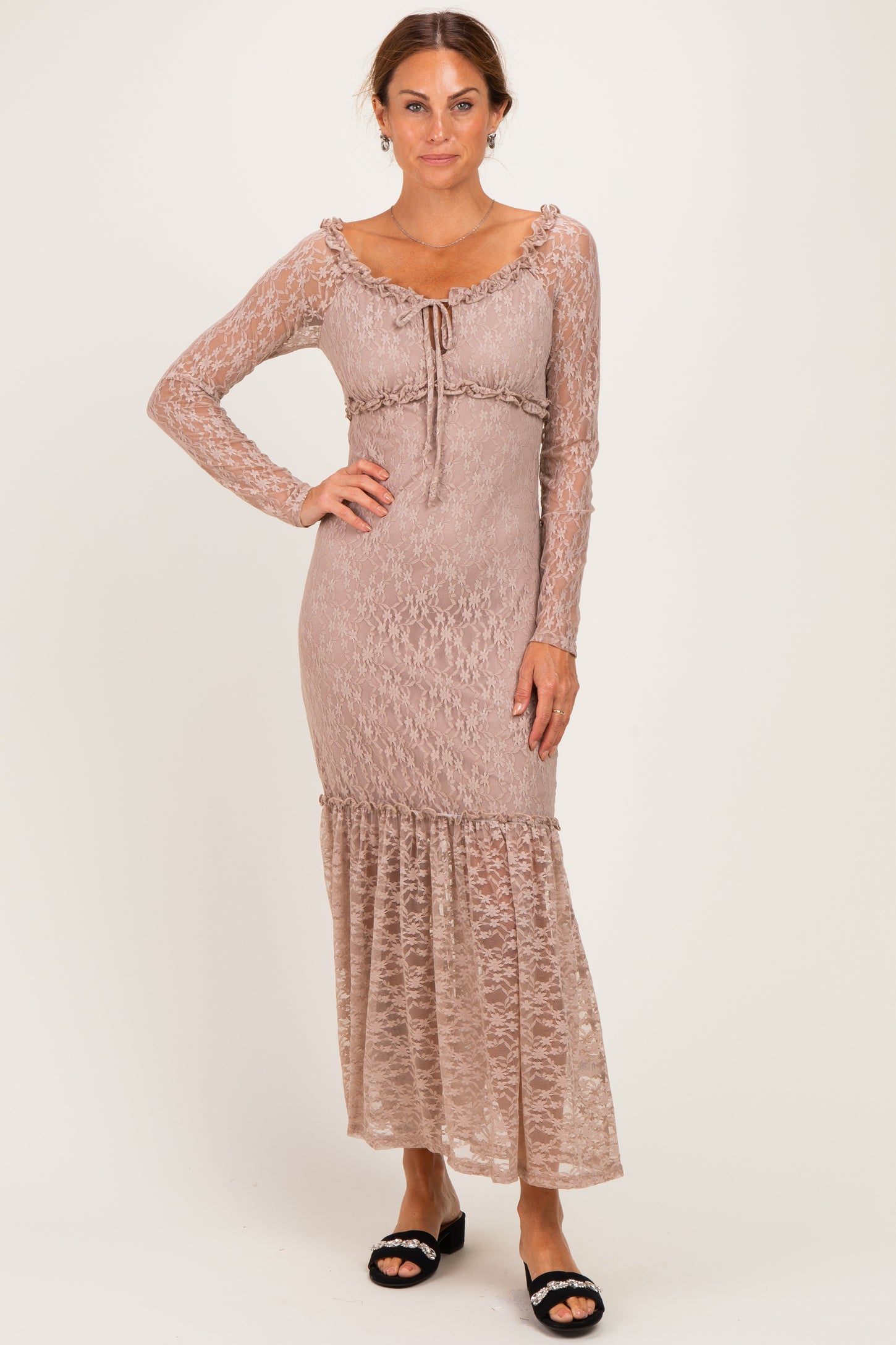 Mocha Off Shoulder Long Sleeve Boho Maternity Maxi Dress