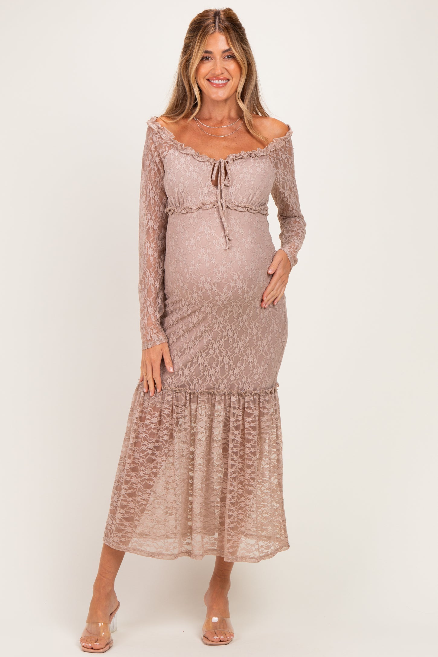 Mocha Off Shoulder Long Sleeve Boho Maternity Maxi Dress