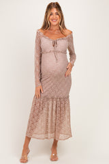 Mocha Off Shoulder Long Sleeve Boho Maternity Maxi Dress