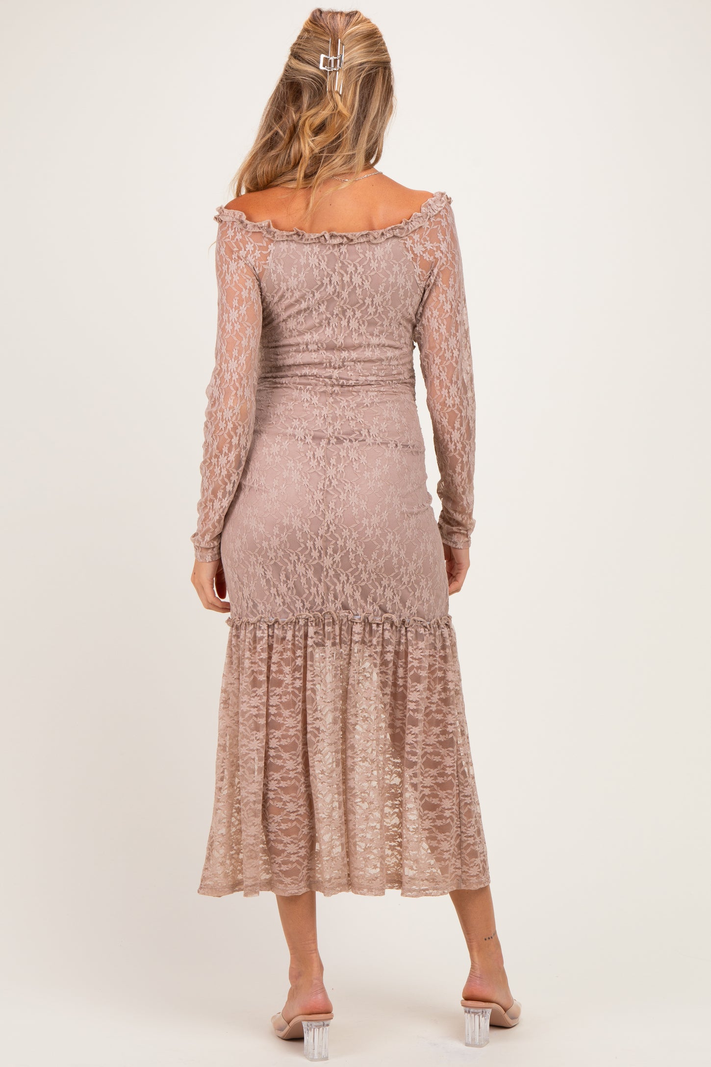 Mocha Off Shoulder Long Sleeve Boho Maternity Maxi Dress