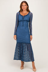 Blue Off Shoulder Long Sleeve Boho Maxi Dress