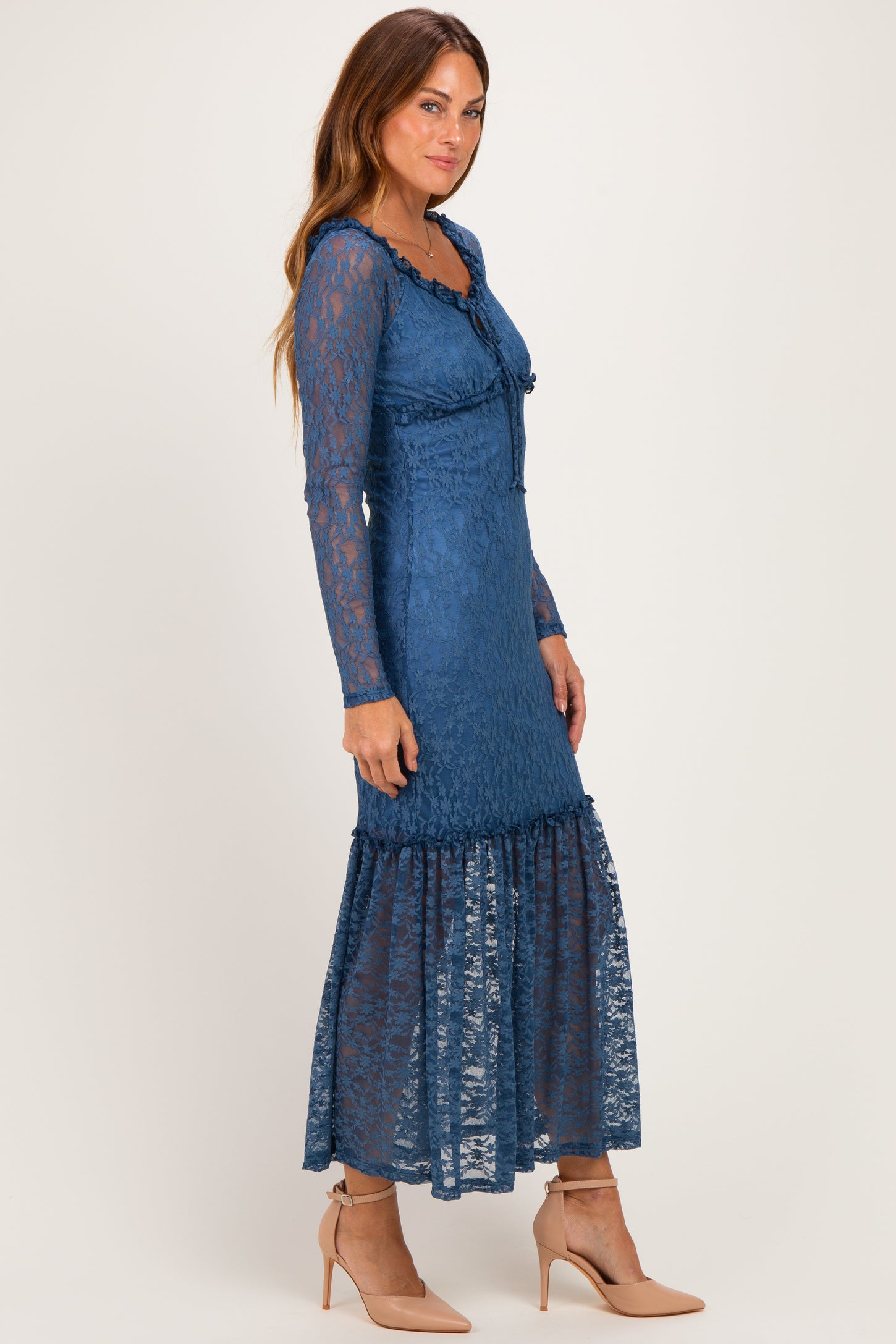 Blue Off Shoulder Long Sleeve Boho Maxi Dress