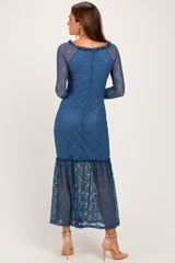 Blue Off Shoulder Long Sleeve Boho Maxi Dress