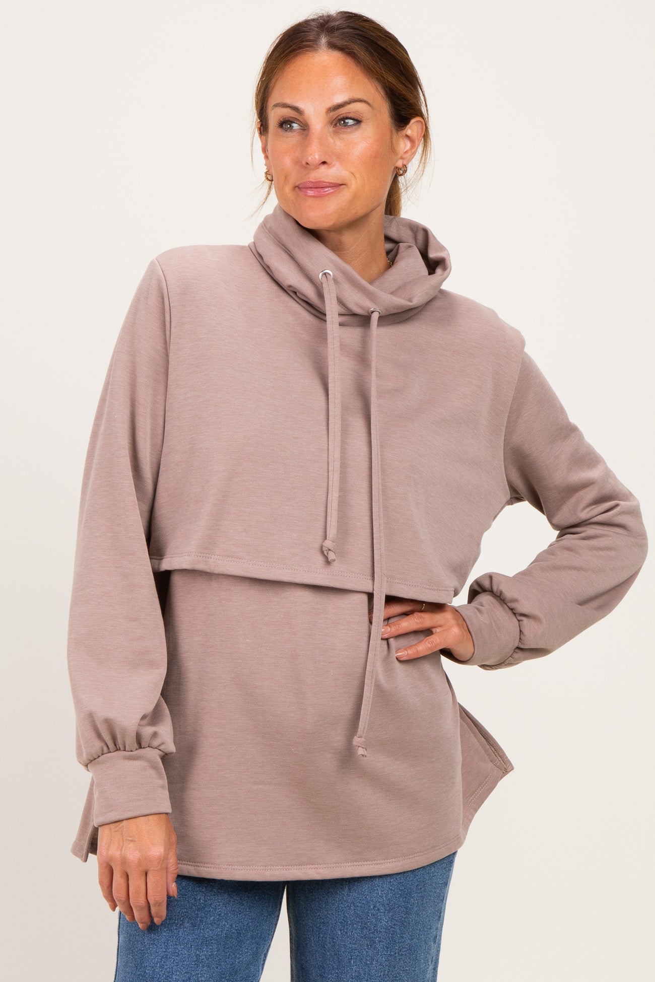 Mocha Long Sleeve Drawstring Hooded Maternity Pullover